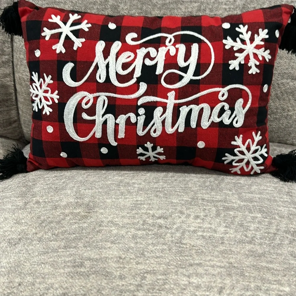 Merry Christmas Embroidered Holiday Themed Buffalo Plaid Throw Pillow.